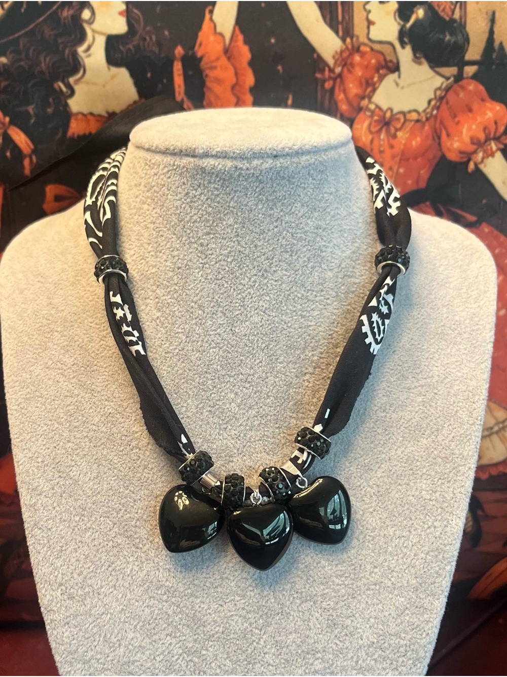 Triple Black Onyx Heart Bandana Necklace, Boho Bandana Scarf